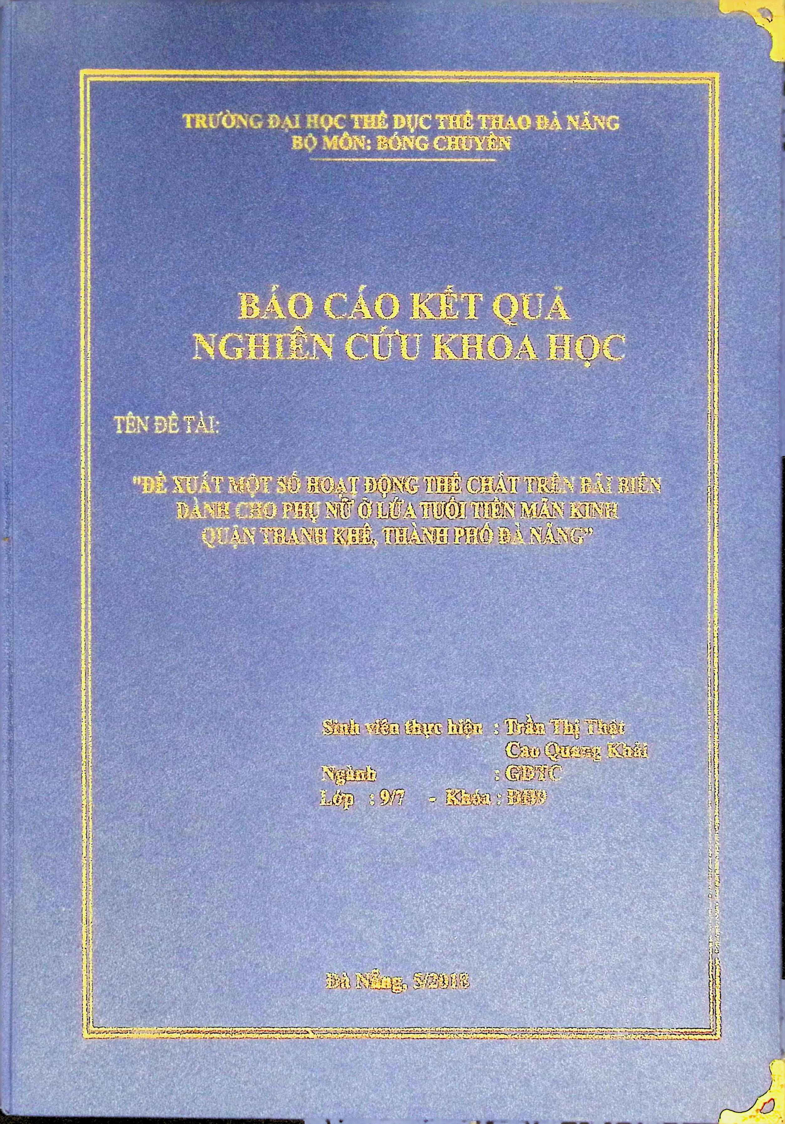 Đề xuất một số hoạt động thể chất trên bãi biển dành cho phụ nữ ở lứa tuổi tiền mãn kinh quận Thanh Khê, thành phố Đà Nẵng